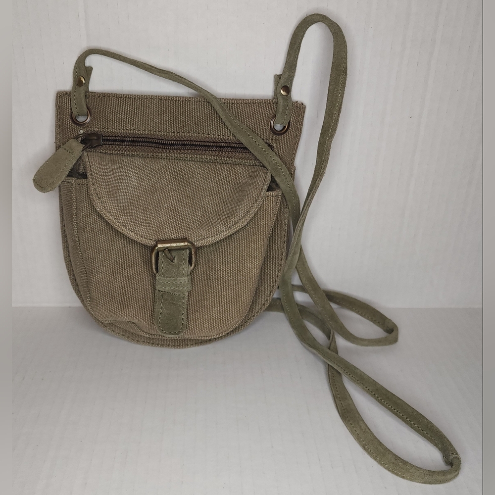 Stylish Olive Green Canvas And Suede Crossbody Bag